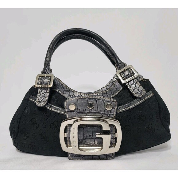 Guess Vintage Black Logo Mini Shoulder Bag Silver G Buckle Croc Embossed Y2K - Picture 1 of 13